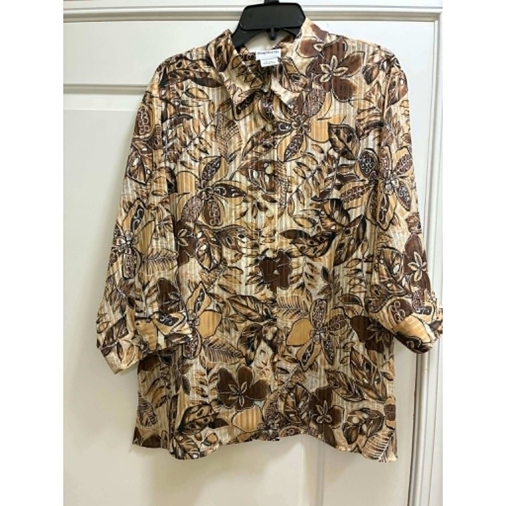 BonWorth Womens XL Petite Brown Floral‎ Button Up Blouse Vintage Cottagecore Top